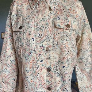 Christopher & Banks Paisley Jean Jacket - Cream and Blue